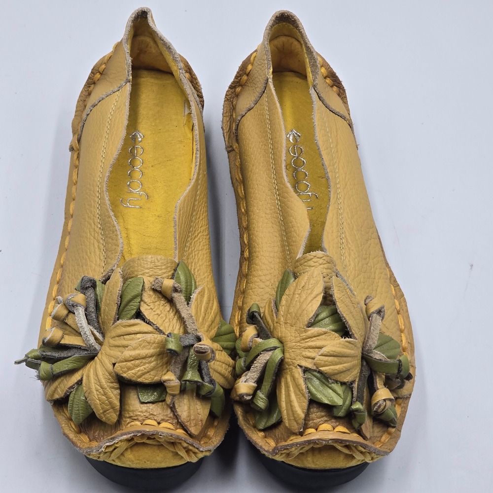 Socofy Loafers Women 9 Floral 3D Leather Yellow Platform Slip On Boho Shoes FAIR